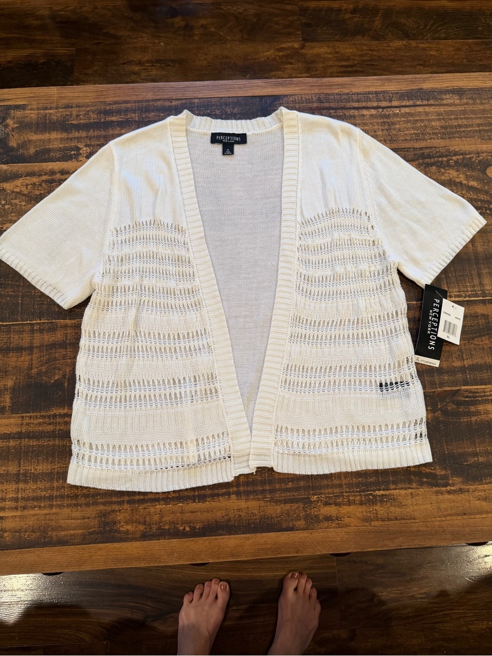 Perceptions Open-Front Cream Short-Sleeve Knit Cardigan